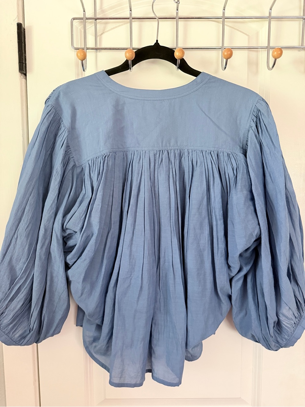 Madewell Blue Button-Front Pleated Peasant Blouse - Picture 3 of 8